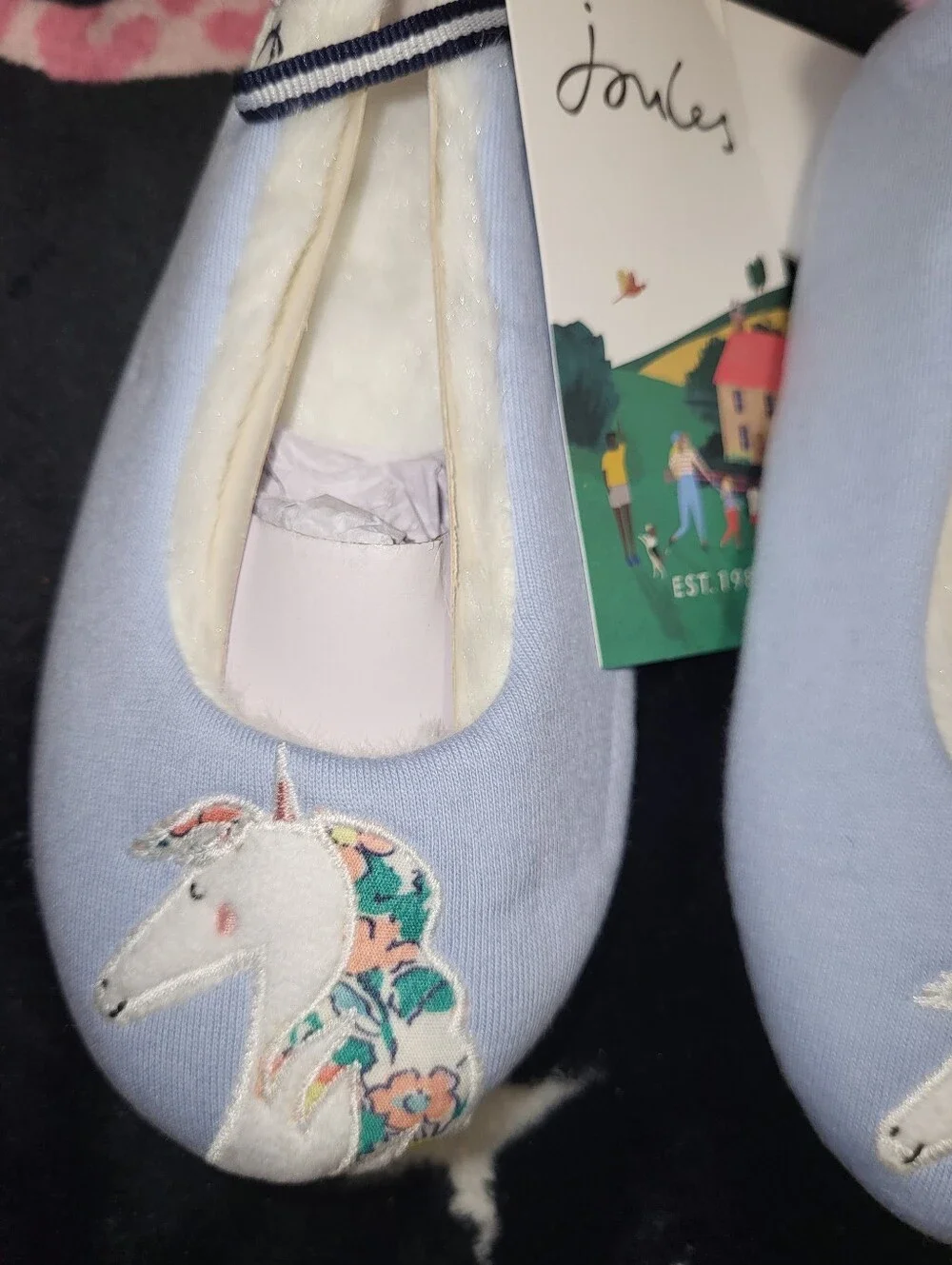 Joules Blue Unicorn Kids Slippers with Pink Pom